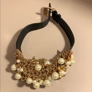 Henri Bendel leather choker, pearls, gold tassels